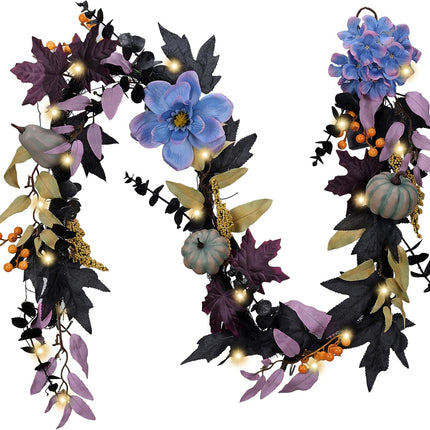 Valery Madelyn Halloween Silk Flower Pumpkin Garland for Mantle with Lights, 6ft Falloween Garland Decorations Indoor for Fall Table Centerpiece Front Door Stair Autumn Party Holiday Home Decor