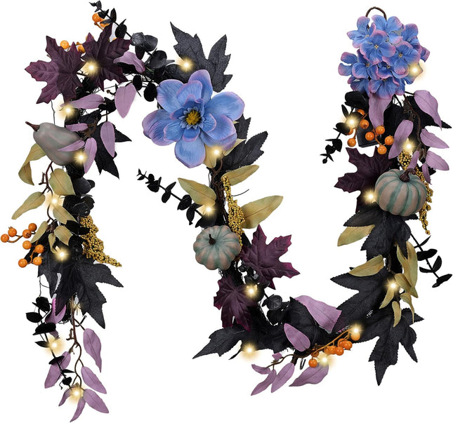 Valery Madelyn Halloween Silk Flower Pumpkin Garland for Mantle with Lights, 6ft Falloween Garland Decorations Indoor for Fall Table Centerpiece Front Door Stair Autumn Party Holiday Home Decor