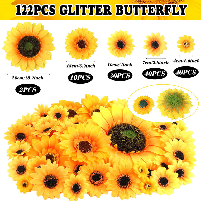 Crowye 124 Pcs Christmas Sunflower Tree Ornaments Yellow Sunflower Christmas Decorations Big Artificial Sunflowers Tree Topper Mini Sunflower Ornaments Bulk with 2 String Lights for Christmas Tree