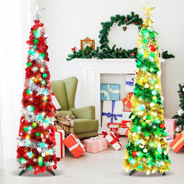 2 Pcs 5 ft Prelit Slim Christmas Tree Decor Pop Up Pencil Christmas Tree with String Lights Artificial Sequin Collapsible Christmas Tree with Star Topper for Xmas Holiday Outdoor Decorations