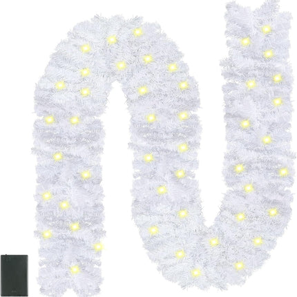 CCINEE 9FT Prelit Artificial Christmas Garland, White Xmas Garland Battery Operated with 50 Warm LED Lights Lighted Christmas Garland for Mantle Fireplace Stairs Indoor Outdoor Decoration