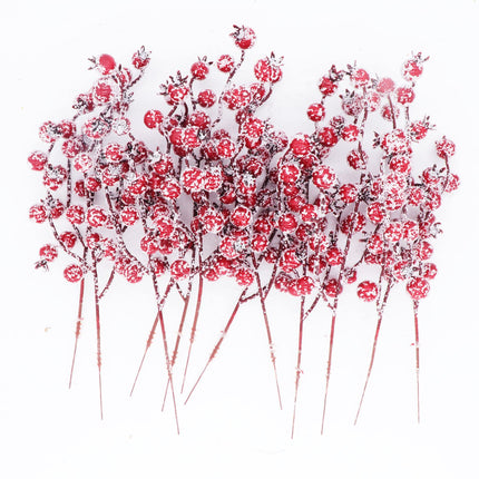 Kesywale 12Pcs Artificial Snowy Red Berry Picks Stems Christmas Frosted Holly Berry Branches Xmas Winter Twig Spray Holiday Arrangements Table Centerpieces DIY Crafts 10.6" Tall (Red, 12)