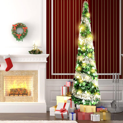 Pop Up Christmas Tree, 5 FT Artificial Christmas Trees Collapsible Snowflake Sequin Pencil Christmas Tree with Stand Pop Up Artificial Tree for Holiday Christmas Home Office