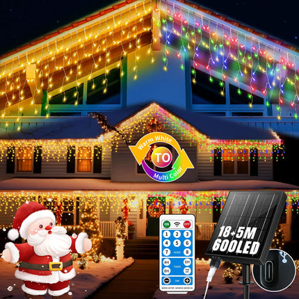 Solar Icicle Lights Christmas Decorations 60+16Ft 600 LED Christmas Lights Outdoor Waterproof 2400mAH Connectable Rechargeable Dimmable Remote 8 Modes Twinkle Curtain Light for Halloween Balcony Patio