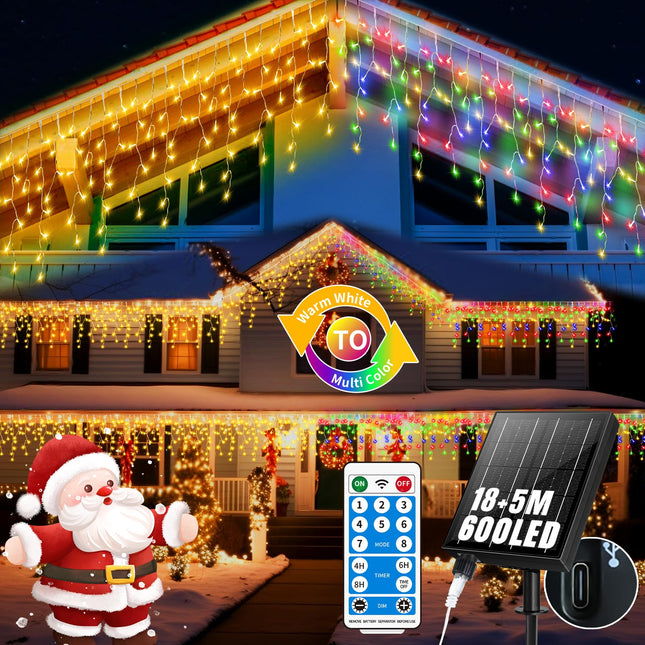 Solar Icicle Lights Christmas Decorations 60+16Ft 600 LED Christmas Lights Outdoor Waterproof 2400mAH Connectable Rechargeable Dimmable Remote 8 Modes Twinkle Curtain Light for Halloween Balcony Patio