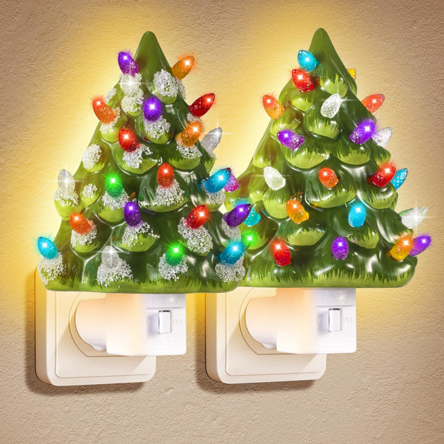 Ceramic Christmas Tree Night Light - 6" Nostalgic Christmas Snow Tree Nightlight with Multicolor Bulbs with ON/Off Switch Decorative Home Bedroom Bathroom Decoration, 2pack