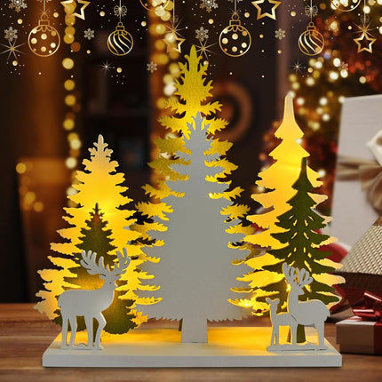 Wooden Christmas Tree Tabletop Decorations, LED Light up Wooden Christmas Ornaments 10inch 2AA Battery Powered for Xmas Home Holiday Party Décor