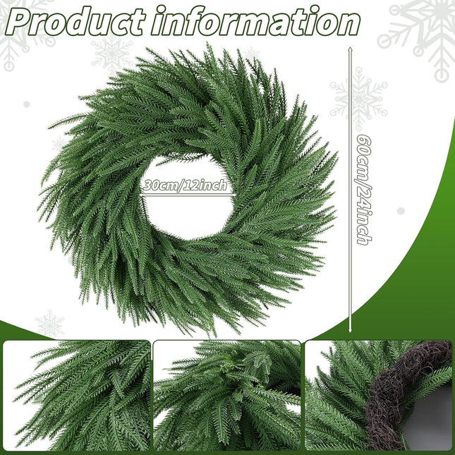24 inch Norfolk Pine Wreath, Realistic Christmas Wreath for Front Door,Artificial Real Touch Green Wreath Greenery for Door Wall Windows Mantle Outdoor Christmas Decoration