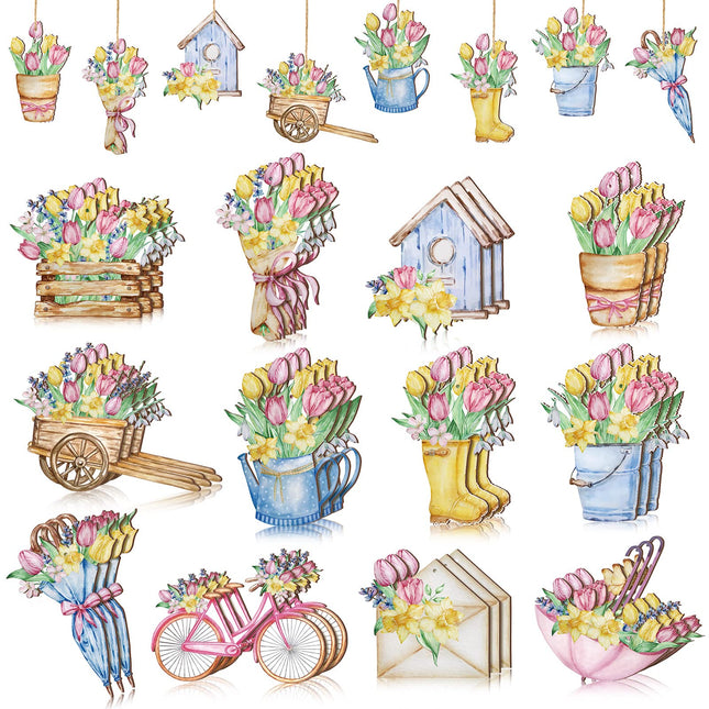 Maitys 36 Pcs Fall Sunflower Wooden Ornaments for Tree Autumn Sunflower Ornament Summer Tree Decoration Flower Gnome Hanging Wood Cutout for Home Small Tree Party(Tulip)