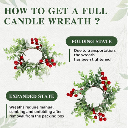 4 Pcs Christmas Candle Rings Wreath Red Berries with Eucalyptus Leaves 3.15inch, Snowy Small Wreath Candle Ring Holder for Pillars, Christmas Home Kitchen Table Centerpieces Decor