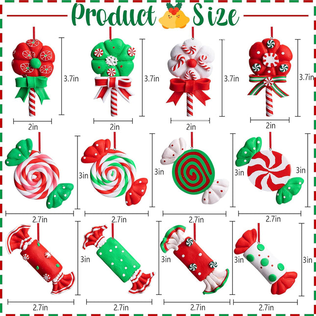 moonoom 12 Pieces Christmas Lollipop Ornaments,Christmas Candies Polymer Clay Ornament,Xmas Decor Candy Cane Hanging Decorations,Sweets Candy Pendant Xmas Tree Party Supplies