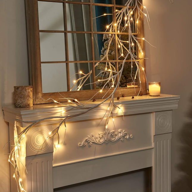 Vanthylit Lighted Christmas Garland, 6 FT White Birch Garlands with 48 LED Warm White Lights, Waterproof Outdoor White Twig Branch Garland Plug in Xmas Decoration for Bedroom Fireplace Mantle Mantel