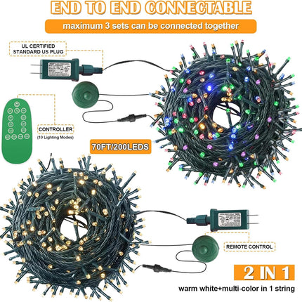200LED Dual Color Changing Christmas Tree Lights, Warm White Multicolor Soft Twinkle Lights, UL 10 Modes Fairy Lights with Remote Control 70ft End-to-End Connect, Indoor Outdoor Use
