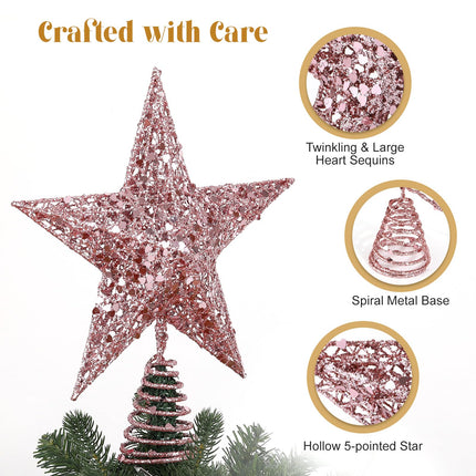 Lewondr Christmas Star Tree Topper, 11.4inch Sequins Xmas Tree Topper with 6H Timer & 8 Light Modes, Remote Control & USB Powered Star Treetop for Home Christmas Tree Decoration, 20 LED Bulbs, Pink