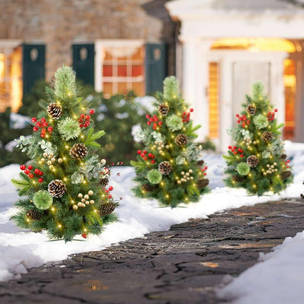Hatisan Set of 2 30" Outdoor Pathway Christmas Trees, Battery Operated Christmas Tree with 60 LED Lights Berries Pine Cones Eucalyptus Stems, Outdoor Christmas Trees for Porch Garden Yard Driveway
