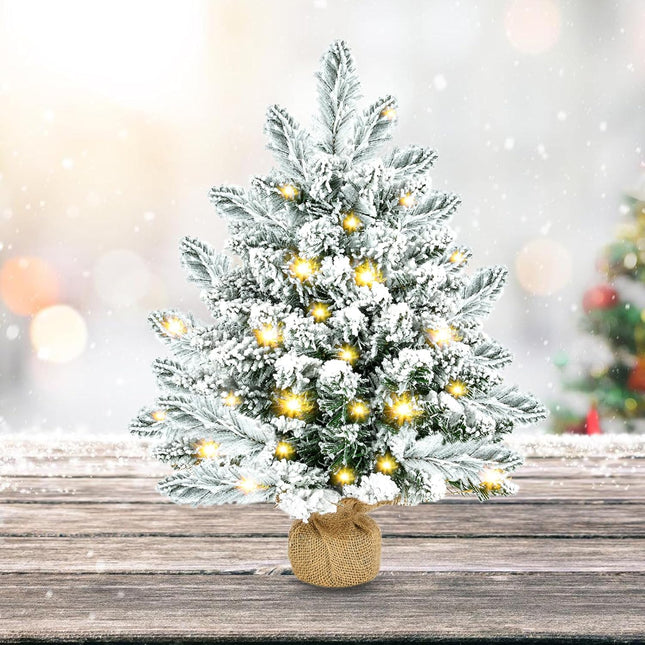 Small Christmas Tree, 20 inch Artificial Mini Christmas Tree with Lights, Snow Flocked Xmas Tree with Burlap Base, Table Top Desktop Christmas Tree for Home Office Christmas Holiday Decorations,Silver