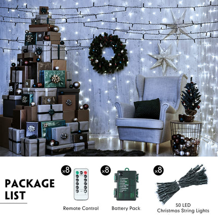 Tuanse 8 Pack Battery Operated Outdoor Christmas Tree String Lights,16.4 ft Mini Light Outdoor Christmas Lights with 50 Led of Dark Green Cable Lighting for Bedroom Garden Yard (White Light)