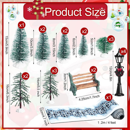 22 Pcs Christmas Village Sets Accessories Miniature Pine Trees Christmas Village Frosted Christmas Tree Figurine Streetlight Lamps Village Street Mat Park Bench Seat for Xmas Winter Decor