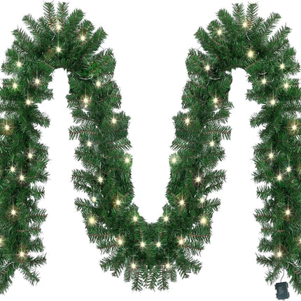 MorTime 17.7 FT LED Christmas Garland, Pre-Lit Artificial Garland for Indoor Outdoor Christmas Decorations Multi-Function Green Christmas Garland with 100 Warm White LED Lights