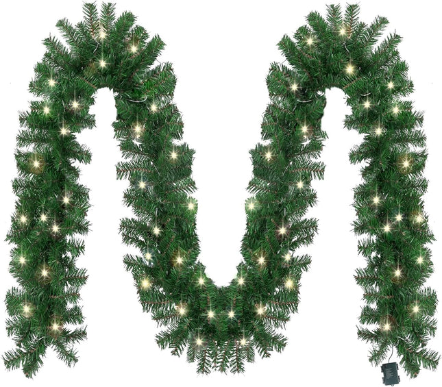 MorTime 17.7 FT LED Christmas Garland, Pre-Lit Artificial Garland for Indoor Outdoor Christmas Decorations Multi-Function Green Christmas Garland with 100 Warm White LED Lights