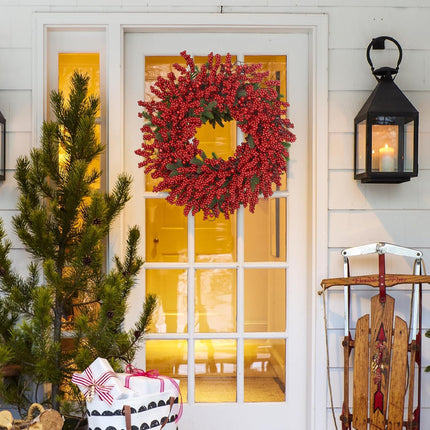 Christmas Wreath Front Door 24 Inch Artificial Christmas Wreath, with Pine Needles, Red Berries Create a Warm Holiday Ambiance, for Decor Indoor/Outdoor Christmas Decorations