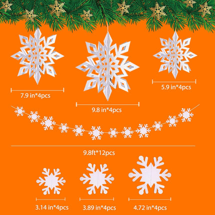 12PCS Winter Christmas Snowflakes Hanging Decorations - 3D White Paper Snowflake Garland with Snowflake Banner for Christmas Holiday Winter Wonderland Frozen Party Decorations