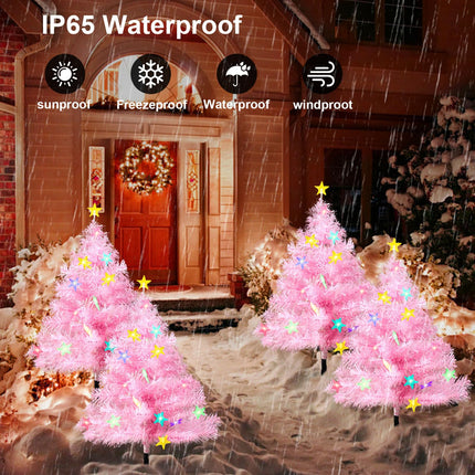 4 Pack 2.2FT Solar Christmas Tree Lights Decorations Outdoor, 8 Modes Christmas Pathway Lights with 80 Star LED Lights, Waterproof Christmas Pathway Lights for Patio Garden Lawn Holiday Decor, Pink