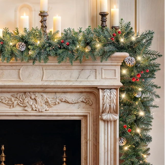 9FT Pre-lit Christmas Garland- with Red Berries & Pine Cone, Holiday Artificial Decor for Stairs Wall Door Indoor, Battery Operated Outdoor Garland with Timer
