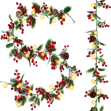 Sggvecsy Christmas Garland Red Berry Garland with Red Berries Lighted Holly Leaves Garlands Artificial Christmas Green Leaves Garland Battery Operated for Xmas Indoor Home Winter Holiday Decoration
