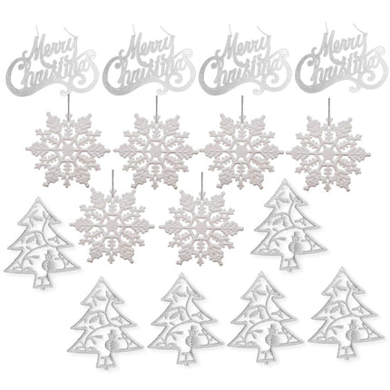 Christmas Ornament Set - 16 Pc Assorted Ornaments - Silver Glittered Plastic Tree Decorations - Merry Christmas, Tree, Snowflakes