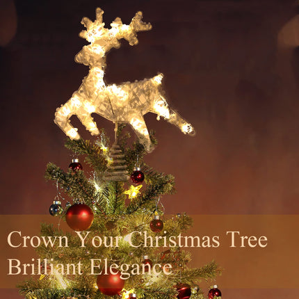 Christmas Tree Topper Lighted, 10" Christmas Reindeer Tree Topper with Warm Lights, Battery Operated Xmas Tree Topper with Timing Battery Case, White Christmas Deer Winter Decorations