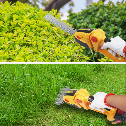 Cordless Grass Shear & Shrubbery Trimmer, Huhomco Portable 2-in-1 Hedge Trimmer 24-V Electric Grass Clippers with Curved Blade Garden Pruning Shears,Charger,2pcs Rechargeable Battery