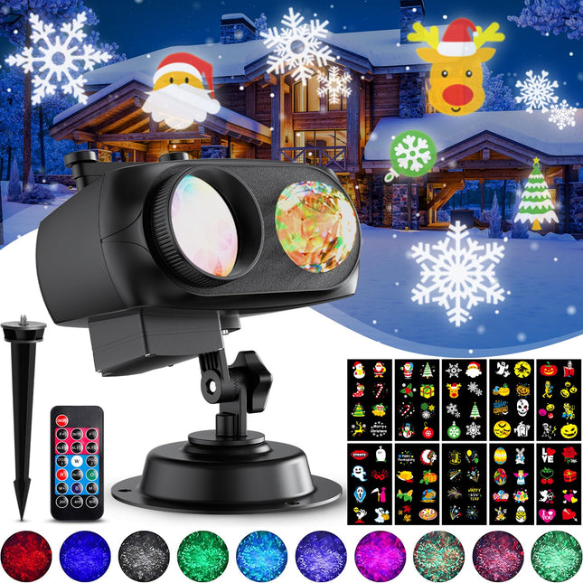 Christmas Projector Lights, Holiday Projector Outdoor, 2 in 1 HD Effect Pattern Snowflake Projection Lamp, with Remote control, Timer Memory Function, 10 slides for Various Festive Atmosphere