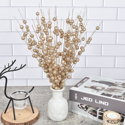 DearHouse 10 Pack Christmas Glitter Berries Stems, 15Inch Artificial Christmas Picks for Christmas Tree Ornaments, DIY Xmas Wreath, Crafts, Holiday Home Decor (Champagne)