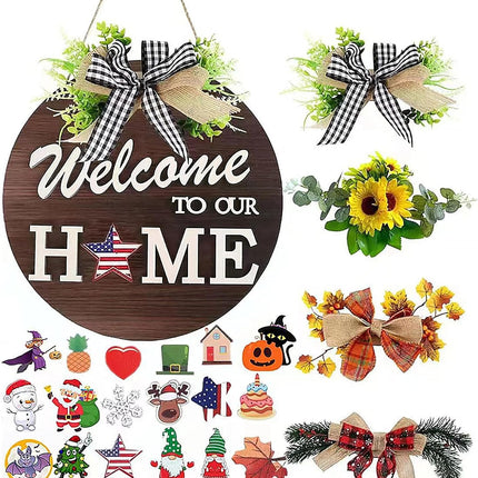 Interchangeable Welcome Front Door Sign Round Wood 4 Seasonal Wreaths 21 Changeable Icons Decoration Hanging Outdoor Farmhouse Porch for Easter Thanksgiving Halloween Christmas Independence Day
