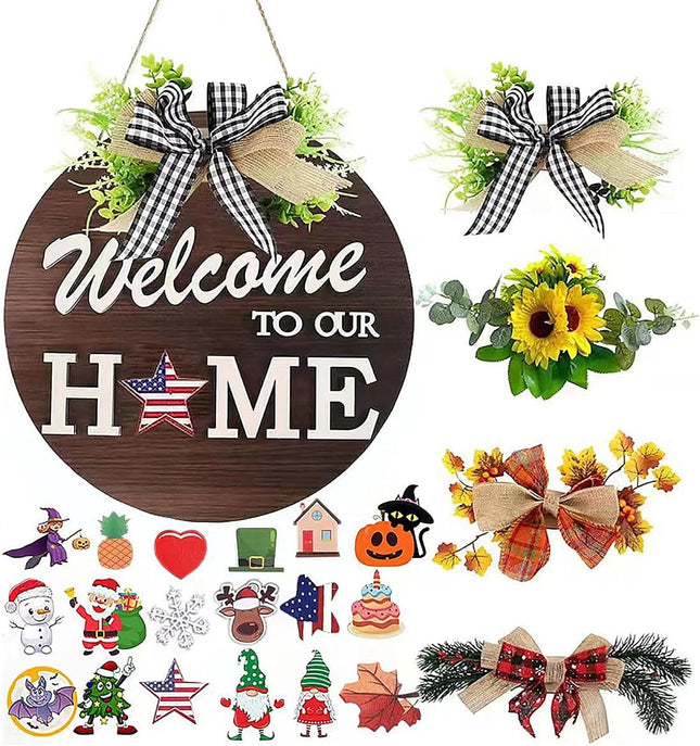 Interchangeable Welcome Front Door Sign Round Wood 4 Seasonal Wreaths 21 Changeable Icons Decoration Hanging Outdoor Farmhouse Porch for Easter Thanksgiving Halloween Christmas Independence Day