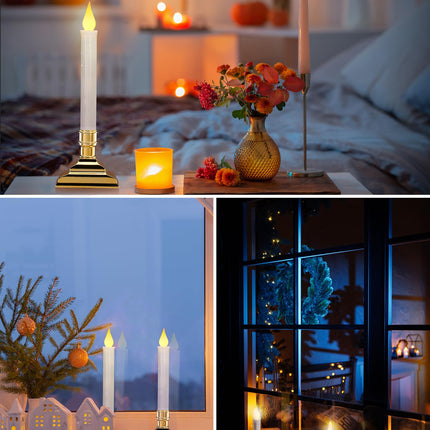 SURAIELEC 4 Pack Battery Operated Window Candles with Timer, Window Candle Lights with Removable Candle Holders, LED Christmas Candles for Christmas Windows, Mantel, Dining Table, Gloss Gold