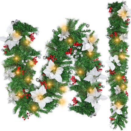 2 Pack 6ft Christmas Garland with LED Lights Pre Lit Outdoor Christmas Garland with Pine Cones Bow Gold Berry for Fireplace Mantel Holiday Indoor Christmas Decor, Total 12ft (Style 2)
