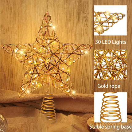 Golden Glittered Christmas Star Tree Topper - Unique Battery Operated Tree Topper with 30 Warm LED Lights, Lighted Xmas Star Tree Topper for Holiday Party Indoor Tree Decorations