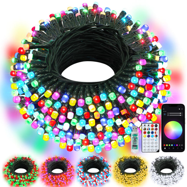 echosari Christmas Smart String Lights RGB Color Changing IC, 100 LED 33Ft Fairy Lights with Remote & App Control, Music Sync Trees Lights for Yard Garden Xmas Decoration (Dark Green Cable)