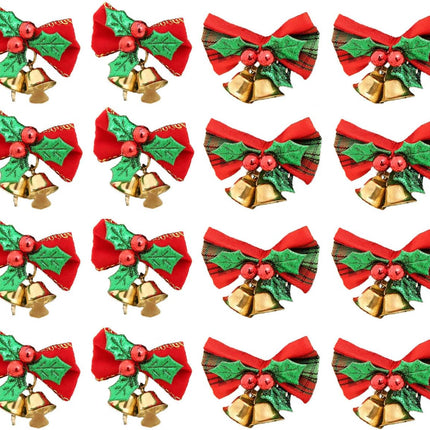 16 Pack Christmas Bow with Bells Xmas Mini Bowknot Craft Ornament Christmas Tree Hanging Decor