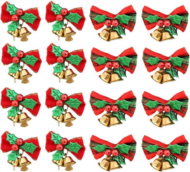 16 Pack Christmas Bow with Bells Xmas Mini Bowknot Craft Ornament Christmas Tree Hanging Decor