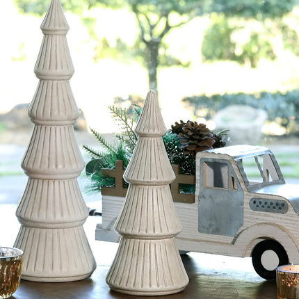 WONDROUS' DECO Wooden Christmas Tree Figurine, Tabletop White Tree Figurine, Set of 2 Desk Centerpieces for Christmas Decor