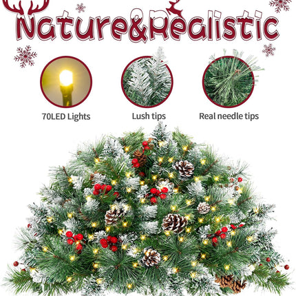 Outdoor Christmas Tree Frosted Urn Filler 2 Set, Pre-lit Artificial Flocked Xmas Tree with Cones & Red Berries, Small Christmas Tree with 70 Warm Lights