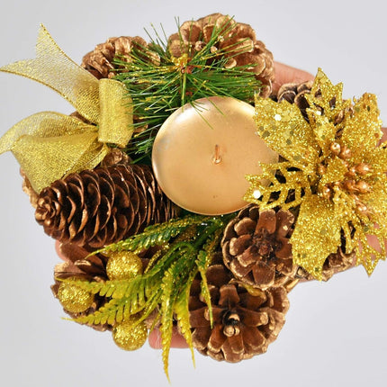 HOME-X Golden Pinecone Christmas Wreath Candle Holder, Artificial Advent Wreath, Winter Home Decorations, (6” Diameter)