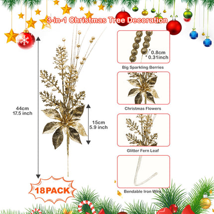 Artificial Glitter Berry Stem Ornaments, 18 Pack 17.5 Inch Gold Fake Christmas Picks Decorations with Poinsettia Christmas Flowers, Bead Sticks for Christmas Tree Wedding Small Vase Wreath Decor