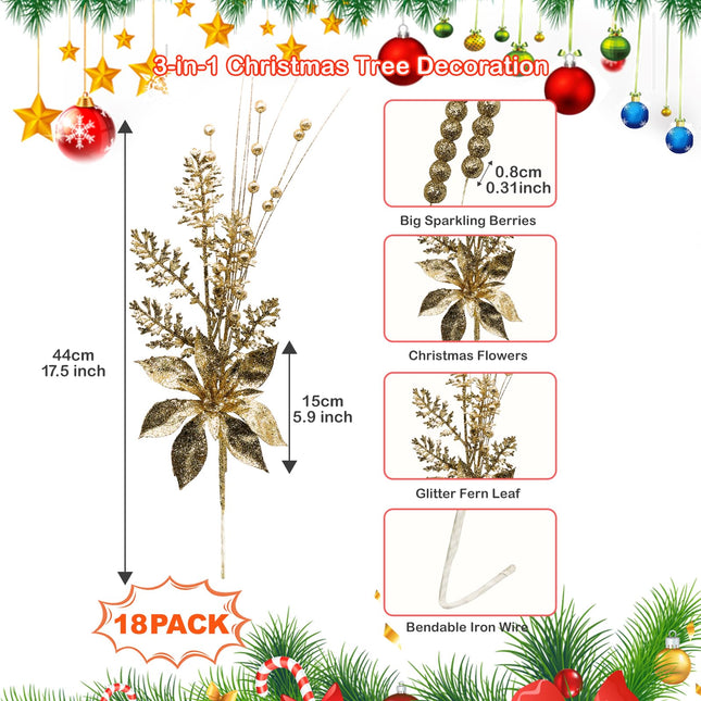 Artificial Glitter Berry Stem Ornaments, 18 Pack 17.5 Inch Gold Fake Christmas Picks Decorations with Poinsettia Christmas Flowers, Bead Sticks for Christmas Tree Wedding Small Vase Wreath Decor