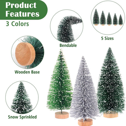 Mini Christmas Tree Christmas Decorations 30Pcs - Bottle Brush Christmas Trees with 5 Sizes, Miniature Pine Trees with Wooden Base for Christmas Party Home Table Craft Decor (Silver+Green+DarkGreen)