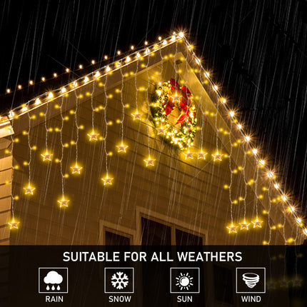kemooie 150 LED Icicle Christmas Lights with Star, 8 Twinkle Modes Waterproof Icicle Lights Outdoor, 30 Drops Christmas Lights for Indoor Outdoor Balcony Patio Christmas Decorations (Warm White)