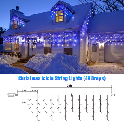 Joomer Christmas Icicle Lights, 32Ft 8 Modes Waterproof Christmas Icicle String Lights Outdoor Connectable with Timer for Party, Eaves, Roofs, Holiday, Christmas Decorations (White+Blue)